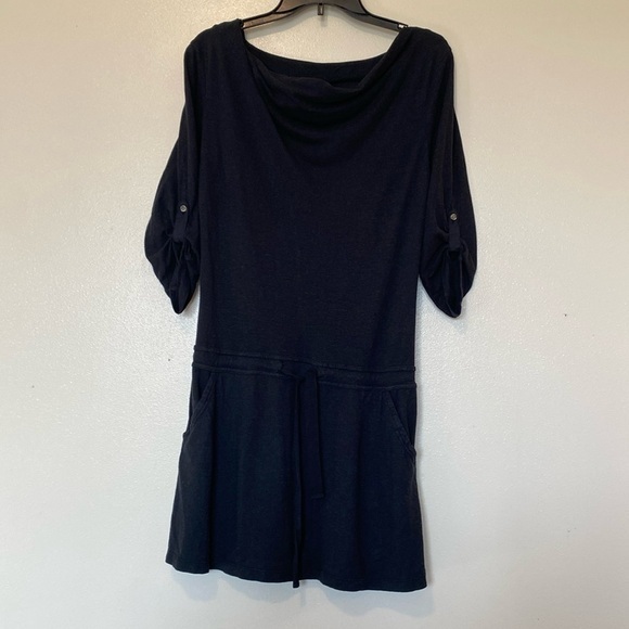 Gramicci Dharma Hemp Blend Black Roll Up Sleeve Pockets Cowl Scoop Neck Dress